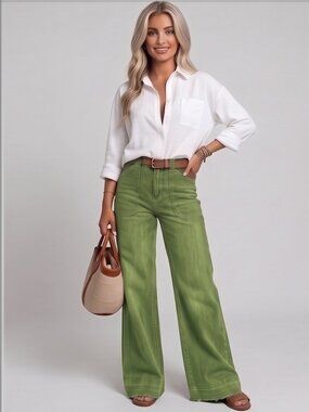 Green High-Waisted Front Patch Pocket Denim Wide Leg Jeans